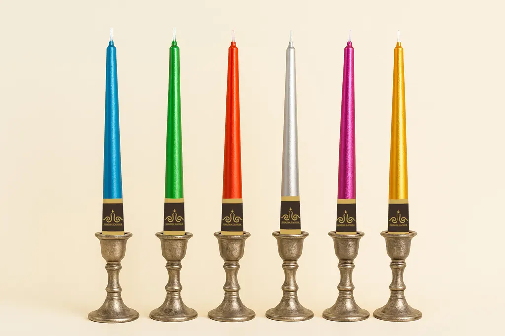 Six metallic taper candles in yellow, blue, green, orange, silver, and magenta, standing upright in elegant candle holders on a table