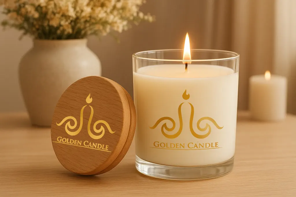 An image of a scented candle in a glass jar with a wooden cap, placed on a wooden surface. The "Golden Candle" logo, printed in gold color, is embossed on the lid and the side of the glass. In the background, a vase with dried flowers and a small additional candle are visible, creating a warm atmosphere.