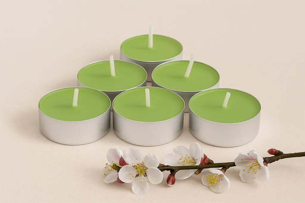 6 green tealight candles in rectangle shape and a spring blossom infront