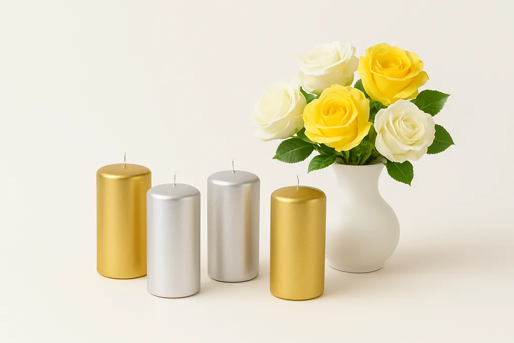 4 pillar golden and silver candles arranged in zigzag line and yellow and wight color roses pot nearby