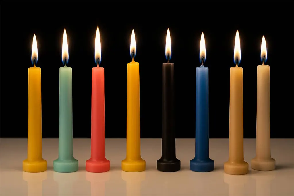 some colorful candles standing in a line in wight ground and black background