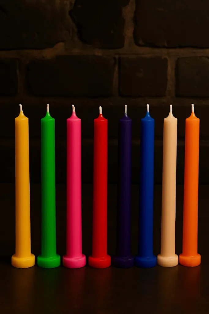some colorful self stand taper candles in front of a dark wall